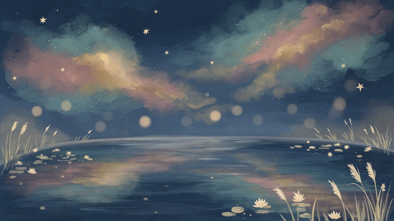 A still pond under a painted night sky